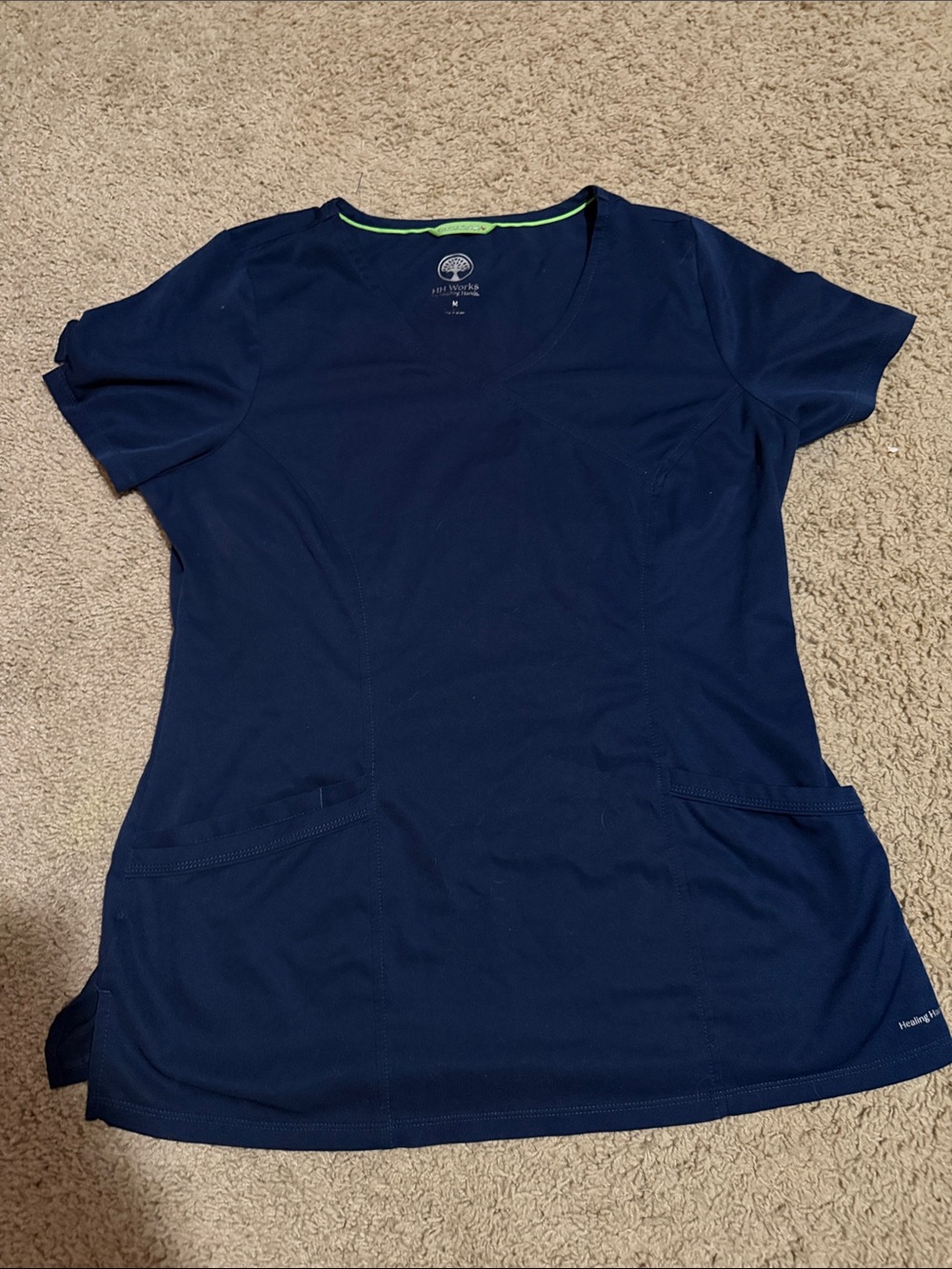 healing hands Navy Short Sleeve V-Neck Scrub Top with Lime Trim